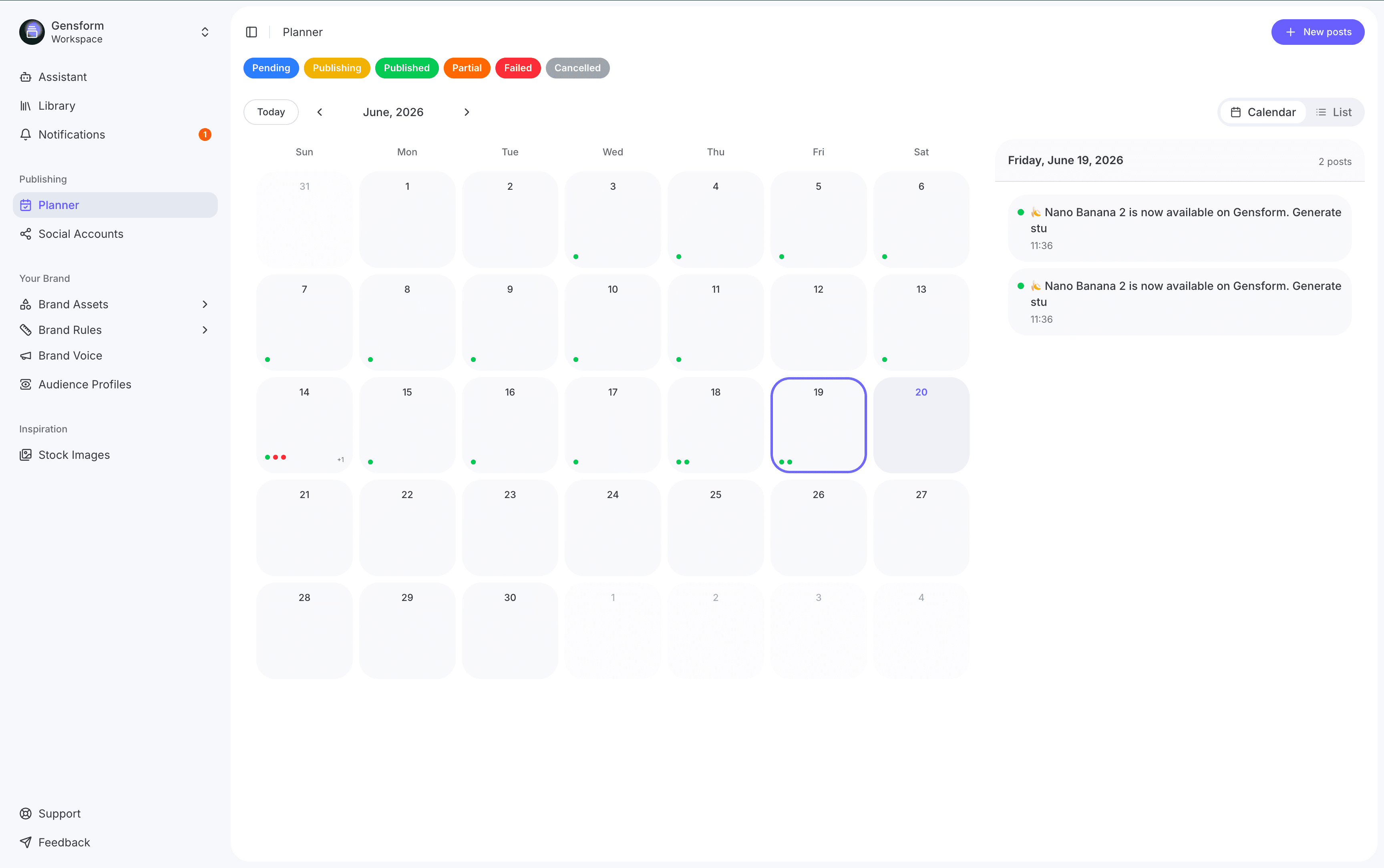 Content calendar with publishing statuses