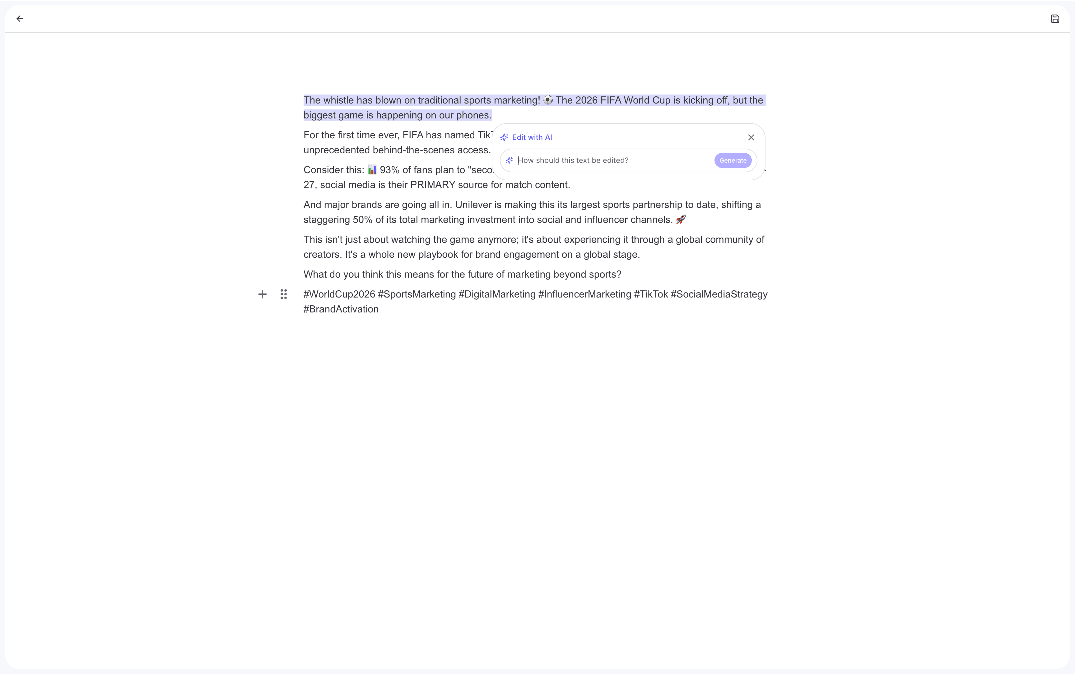 Long-form text editor with AI inline editing